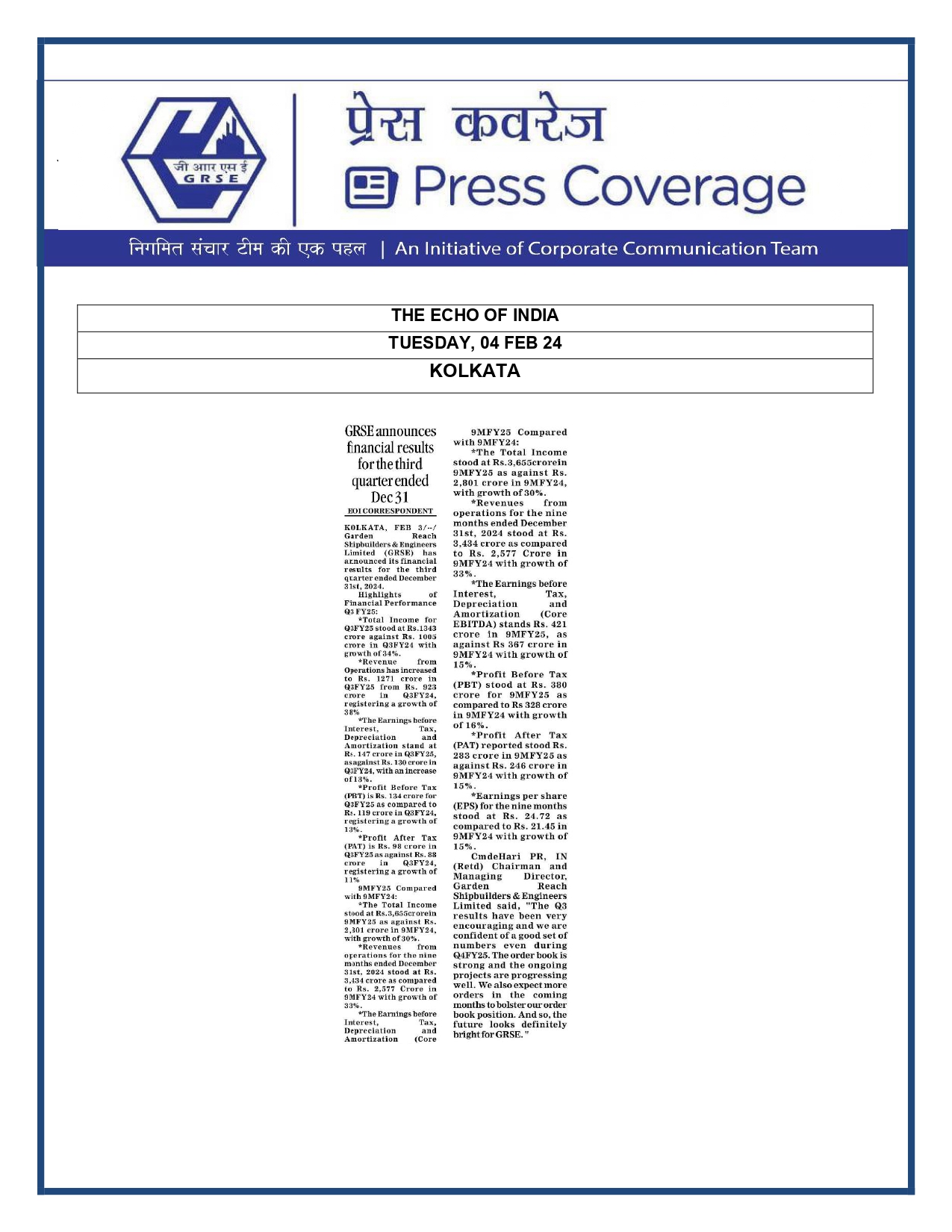 Press Coverage : GRSE rises after Q3 PAT jumps 11% YoY to Rs 98 cr; declares dividend of Rs 8.95/sh